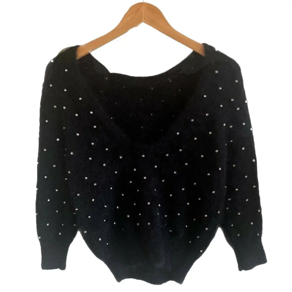 BA&SH Amby Sweater Rhinestones Angora Jumper Black Noir Pull US 4 Small NWT - Picture 9 of 11
